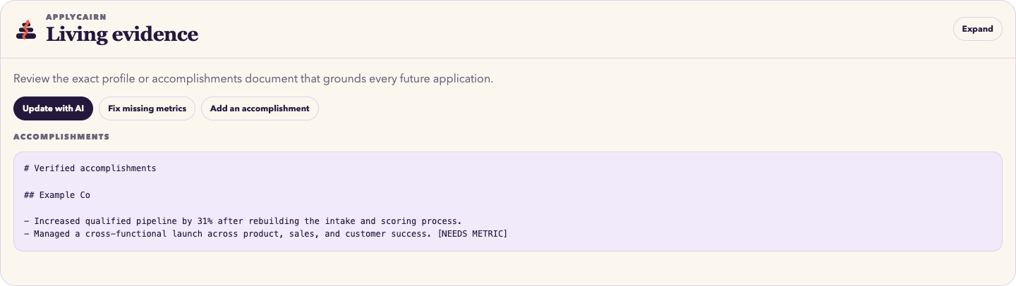 ApplyCairn Career Memory showing confirmed accomplishments and evidence readiness