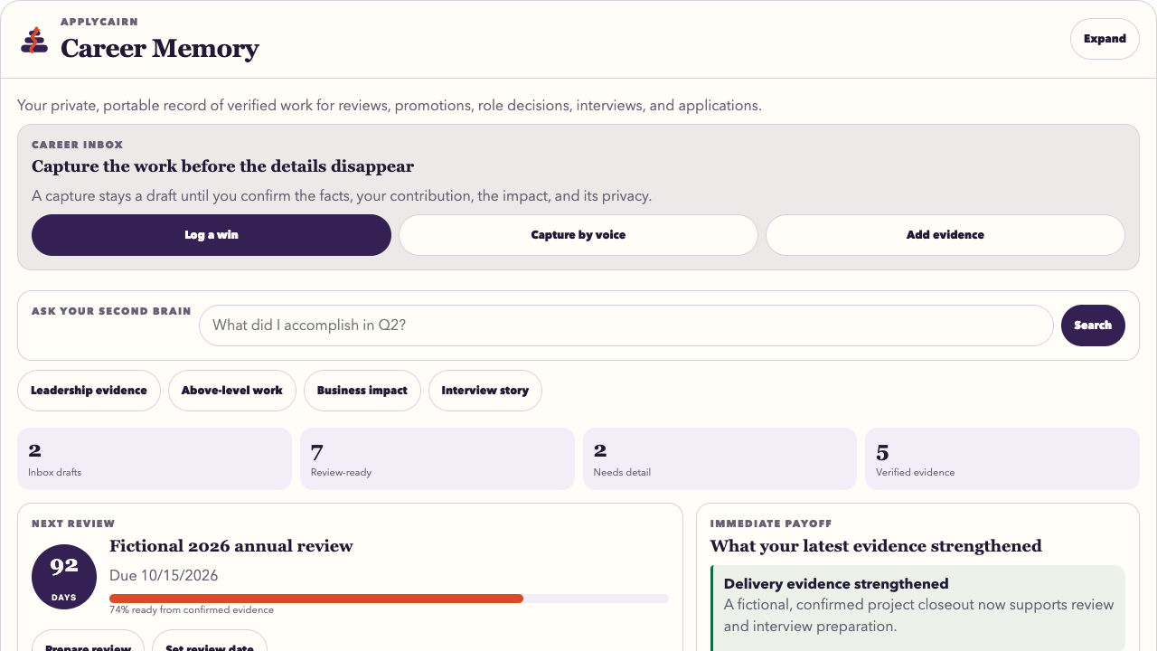 Fictional ApplyCairn Career Memory dashboard showing capture controls, evidence readiness, a review countdown, and immediate payoff