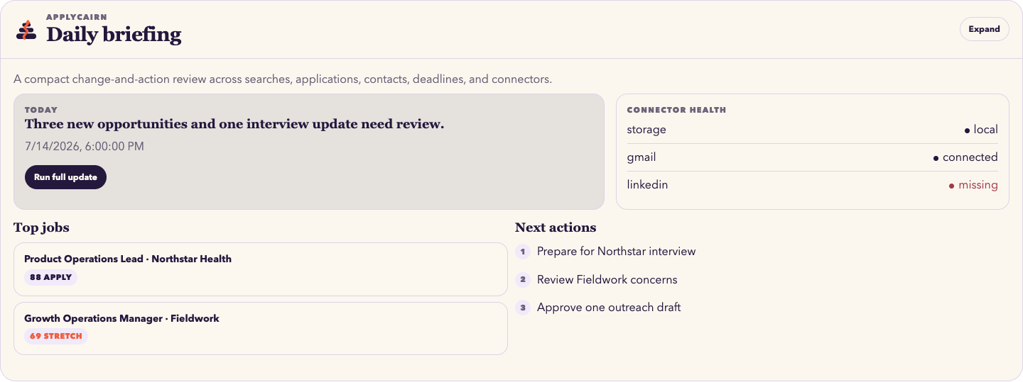 ApplyCairn daily job search briefing with top jobs and next actions