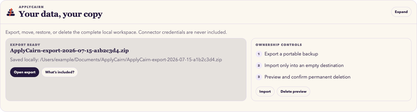 ApplyCairn data export and ownership controls