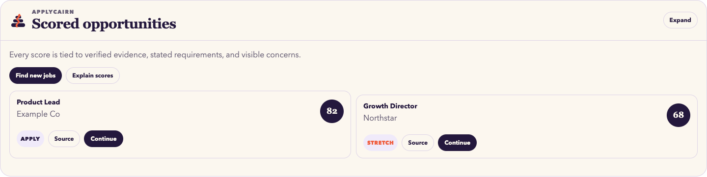 ApplyCairn scored job opportunities with evidence-backed fit ratings