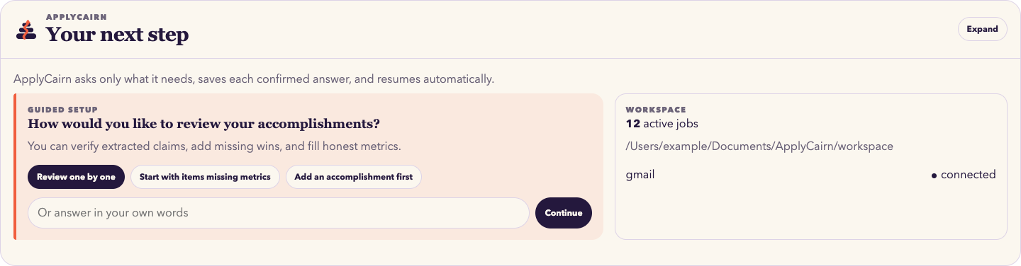 Guided ApplyCairn onboarding question with selectable answers and a free-form response field