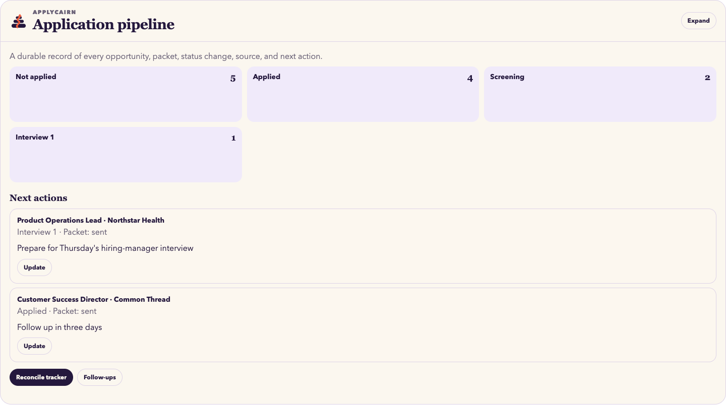ApplyCairn job application tracker showing pipeline stages and next actions